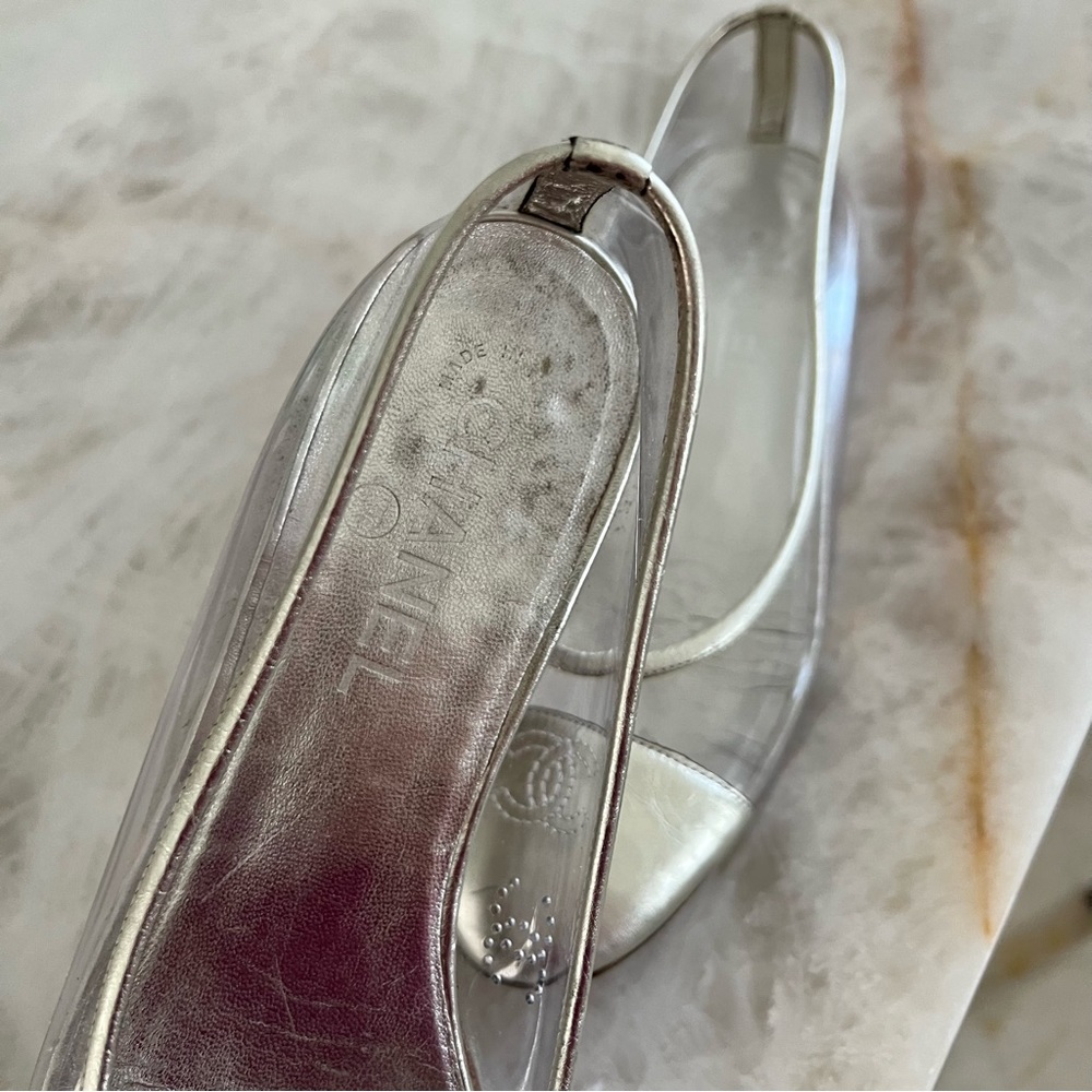 CHANEL Silver Leather Slingback Flats - Picture 10 of 13
